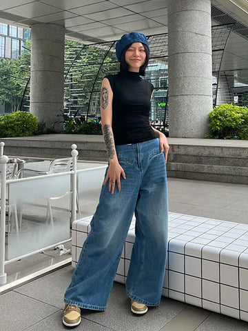 MQTIME  -  Womens Jeans High Waisted Boyfriend Baggy Loose Wide Straight Leg Casual Blue Denim Pant @ harajuku streetwear y2k korean cloth